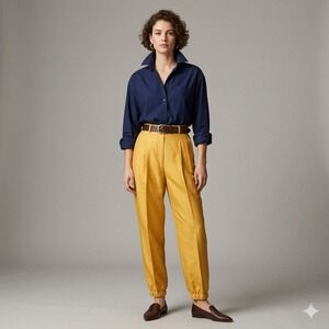 Vintage Weekend Max Mara Pants Women 12 Yellow Raw Silk Tapered Made In Italy